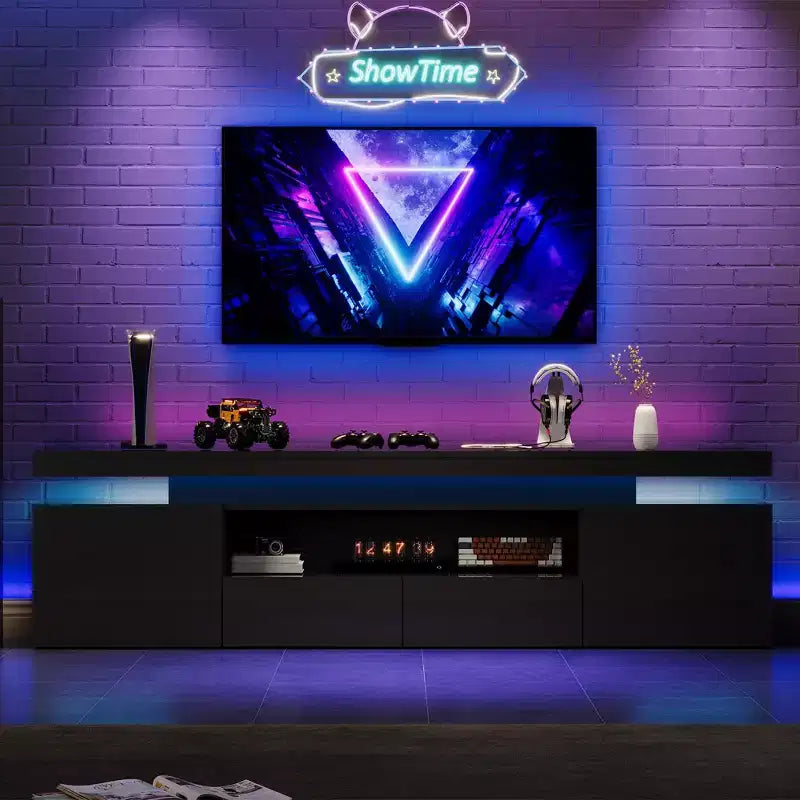 High Gloss TV Stand for 75/80/85 Inch TV, Modern Entertainment Center with Lights & Glass Shelves, Media Console for Living Room & Bedroom