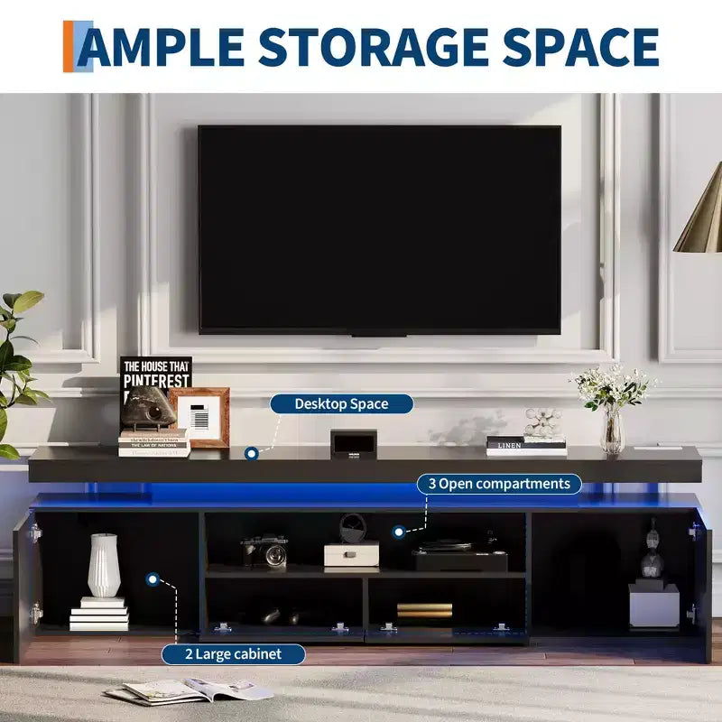 High Gloss TV Stand for 75/80/85 Inch TV, Modern Entertainment Center with Lights & Glass Shelves, Media Console for Living Room & Bedroom