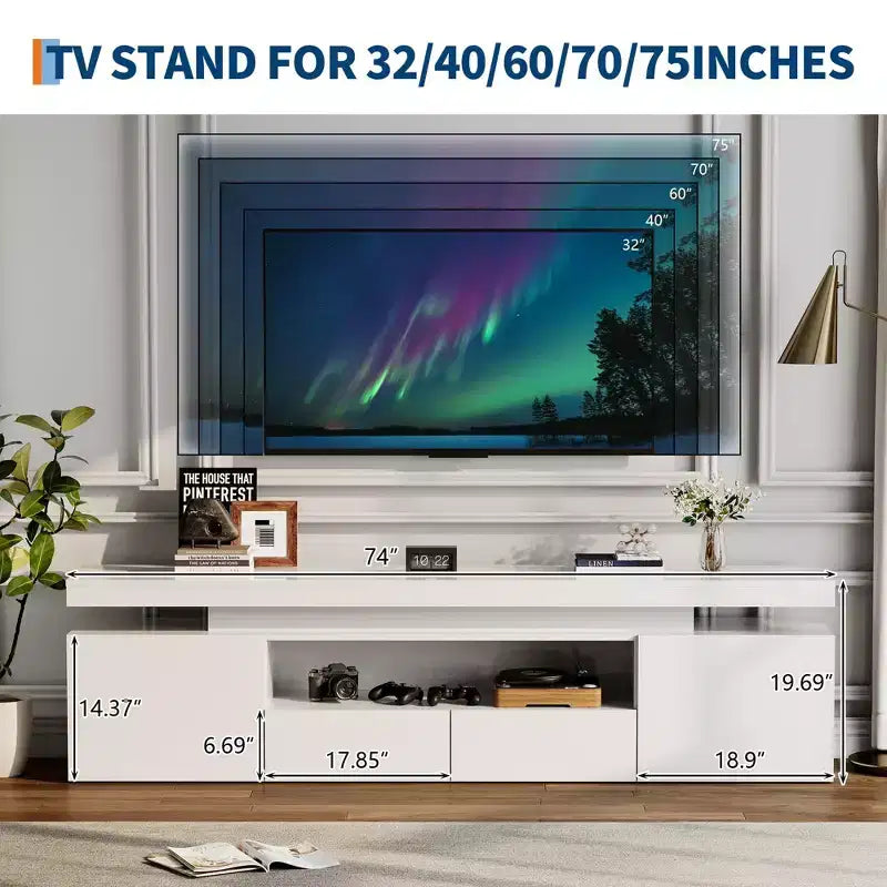 High Gloss TV Stand for 75/80/85 Inch TV, Modern Entertainment Center with Lights & Glass Shelves, Media Console for Living Room & Bedroom