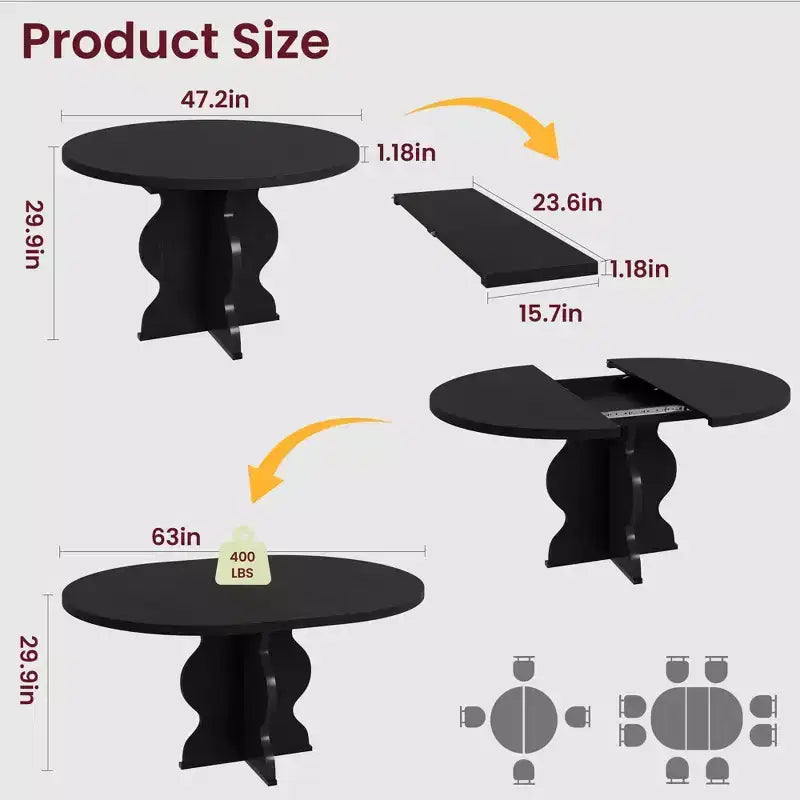 GustoWave 47-63 Extendable Round Dining Table for 4-8, Farmhouse Oval Kitchen Table, Metal Frame, Space-Saving