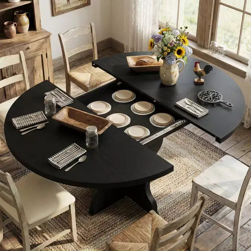 GustoWave 47-63 Extendable Round Dining Table for 4-8, Farmhouse Oval Kitchen Table, Metal Frame, Space-Saving