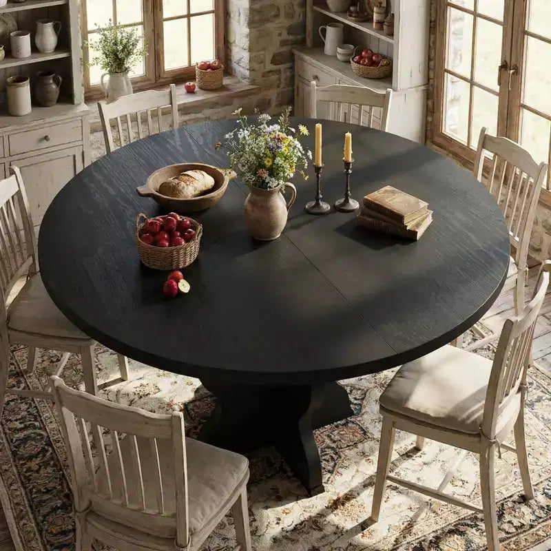 GustoWave 47-63 Extendable Round Dining Table for 4-8, Farmhouse Oval Kitchen Table, Metal Frame, Space-Saving