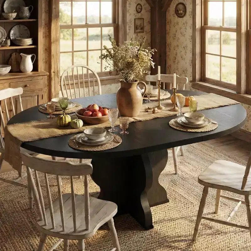 GustoWave 47-63 Extendable Round Dining Table for 4-8, Farmhouse Oval Kitchen Table, Metal Frame, Space-Saving