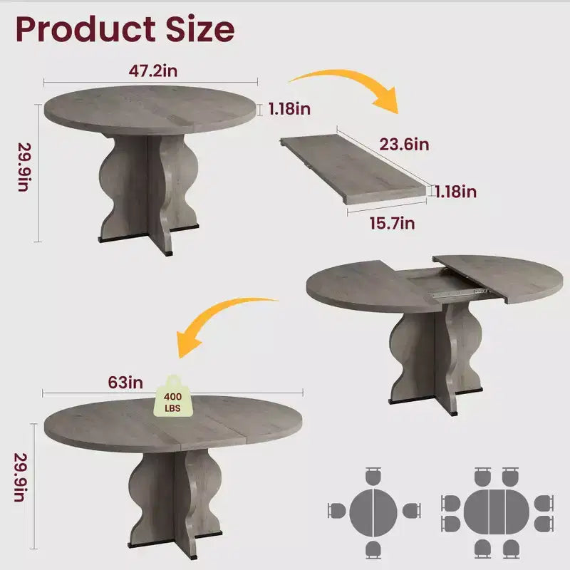 GustoWave 47-63 Extendable Round Dining Table for 4-8, Farmhouse Oval Kitchen Table, Metal Frame, Space-Saving