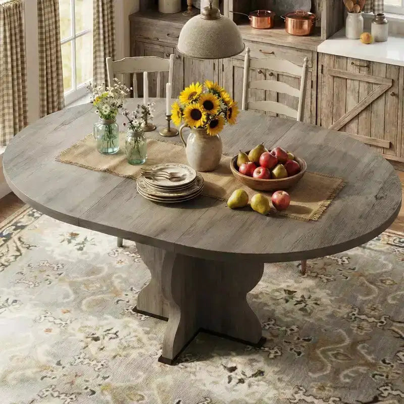 GustoWave 47-63 Extendable Round Dining Table for 4-8, Farmhouse Oval Kitchen Table, Metal Frame, Space-Saving