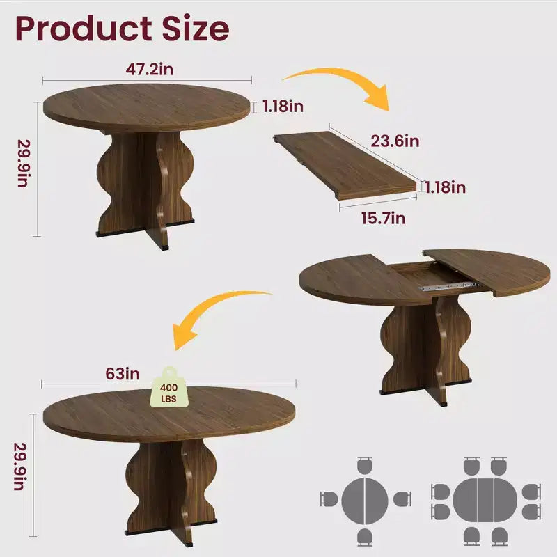 GustoWave 47-63 Extendable Round Dining Table for 4-8, Farmhouse Oval Kitchen Table, Metal Frame, Space-Saving