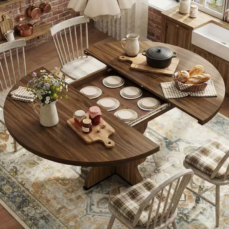 GustoWave 47-63 Extendable Round Dining Table for 4-8, Farmhouse Oval Kitchen Table, Metal Frame, Space-Saving