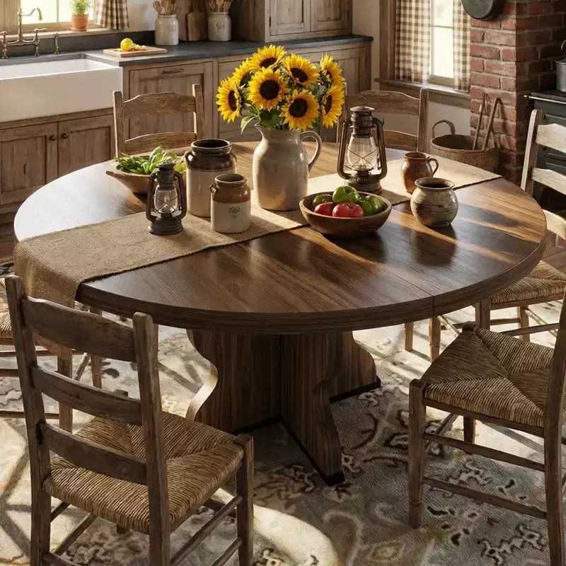 GustoWave 47-63 Extendable Round Dining Table for 4-8, Farmhouse Oval Kitchen Table, Metal Frame, Space-Saving