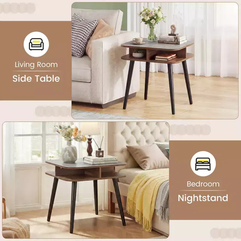 Costway 1/2 PCS Faux Marble End Table with Storage Shelves & Rubber Wood Legs for Living Room Gray, Walnut & Black