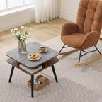 Costway 1/2 PCS Faux Marble End Table with Storage Shelves & Rubber Wood Legs for Living Room Gray, Walnut & Black