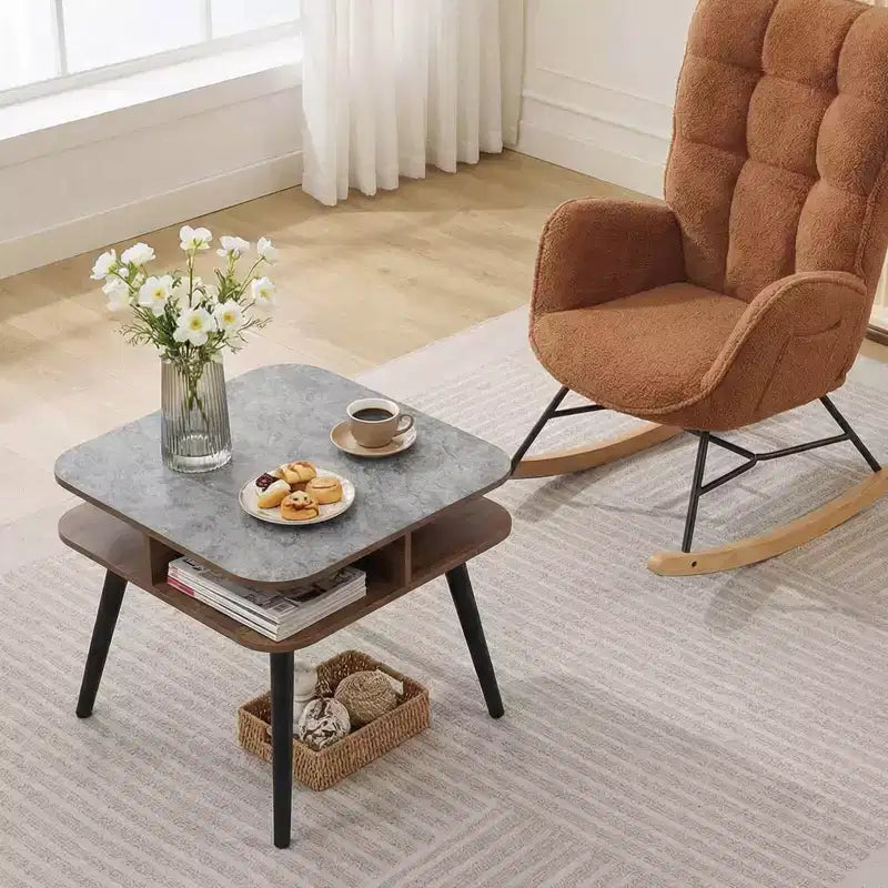 Costway 1/2 PCS Faux Marble End Table with Storage Shelves & Rubber Wood Legs for Living Room Gray, Walnut & Black