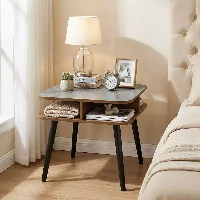 Costway 1/2 PCS Faux Marble End Table with Storage Shelves & Rubber Wood Legs for Living Room Gray, Walnut & Black
