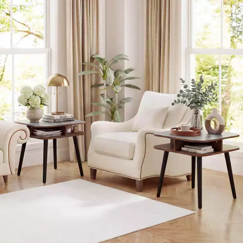 Costway 1/2 PCS Faux Marble End Table with Storage Shelves & Rubber Wood Legs for Living Room Gray, Walnut & Black