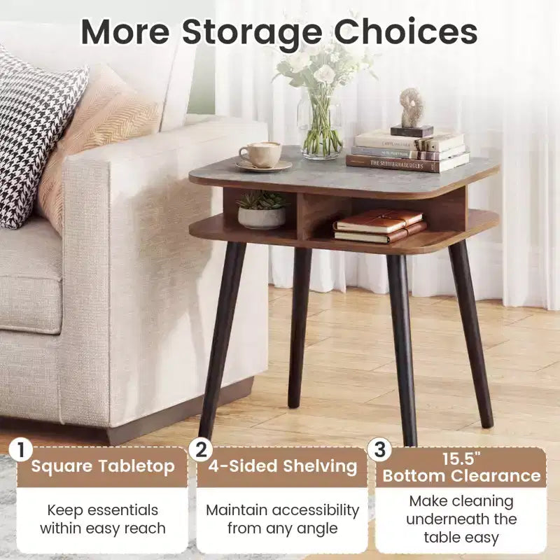Costway 1/2 PCS Faux Marble End Table with Storage Shelves & Rubber Wood Legs for Living Room Gray, Walnut & Black