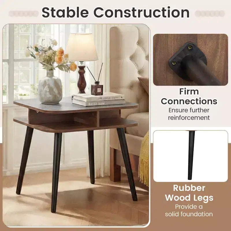 Costway 1/2 PCS Faux Marble End Table with Storage Shelves & Rubber Wood Legs for Living Room Gray, Walnut & Black
