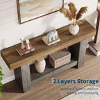 63 Long Farmhouse Entryway Console Table, 2-Tier Rustic Brown & Grey Sofa Table Behind Couch with Open Storage for Entrance, Living Room & Hallway
