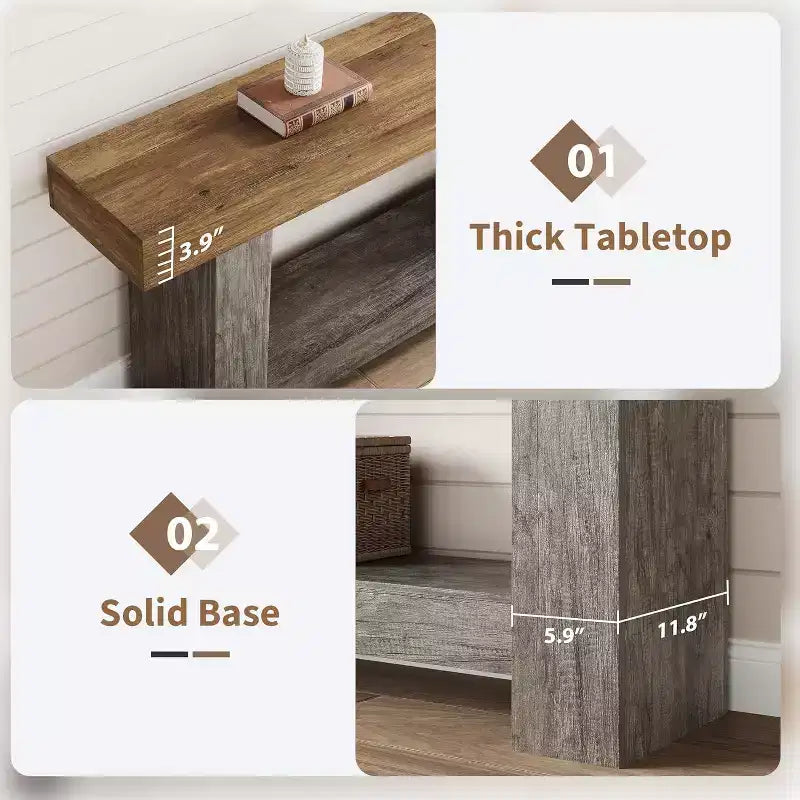 63 Long Farmhouse Entryway Console Table, 2-Tier Rustic Brown & Grey Sofa Table Behind Couch with Open Storage for Entrance, Living Room & Hallway