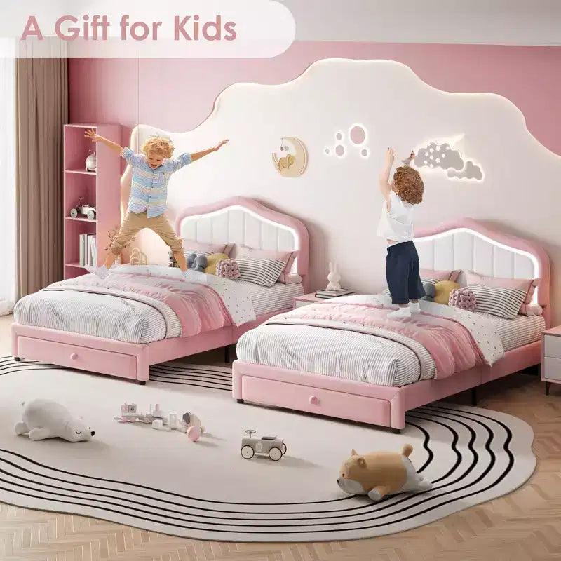 Twin Upholstered Platform Bed with LED Headboard & Storage Drawer, Pink/White, Wood Slats, No Box Spring, Quiet, Easy Assembly, for Kids