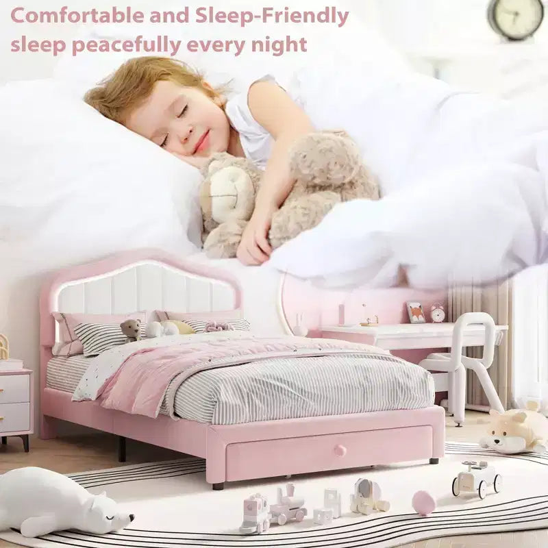 Twin Upholstered Platform Bed with LED Headboard & Storage Drawer, Pink/White, Wood Slats, No Box Spring, Quiet, Easy Assembly, for Kids
