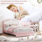 Twin Upholstered Platform Bed with LED Headboard & Storage Drawer, Pink/White, Wood Slats, No Box Spring, Quiet, Easy Assembly, for Kids