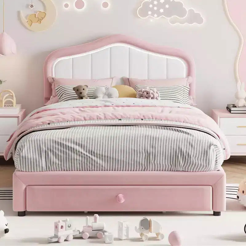 Twin Upholstered Platform Bed with LED Headboard & Storage Drawer, Pink/White, Wood Slats, No Box Spring, Quiet, Easy Assembly, for Kids