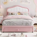 Twin Upholstered Platform Bed with LED Headboard & Storage Drawer, Pink/White, Wood Slats, No Box Spring, Quiet, Easy Assembly, for Kids