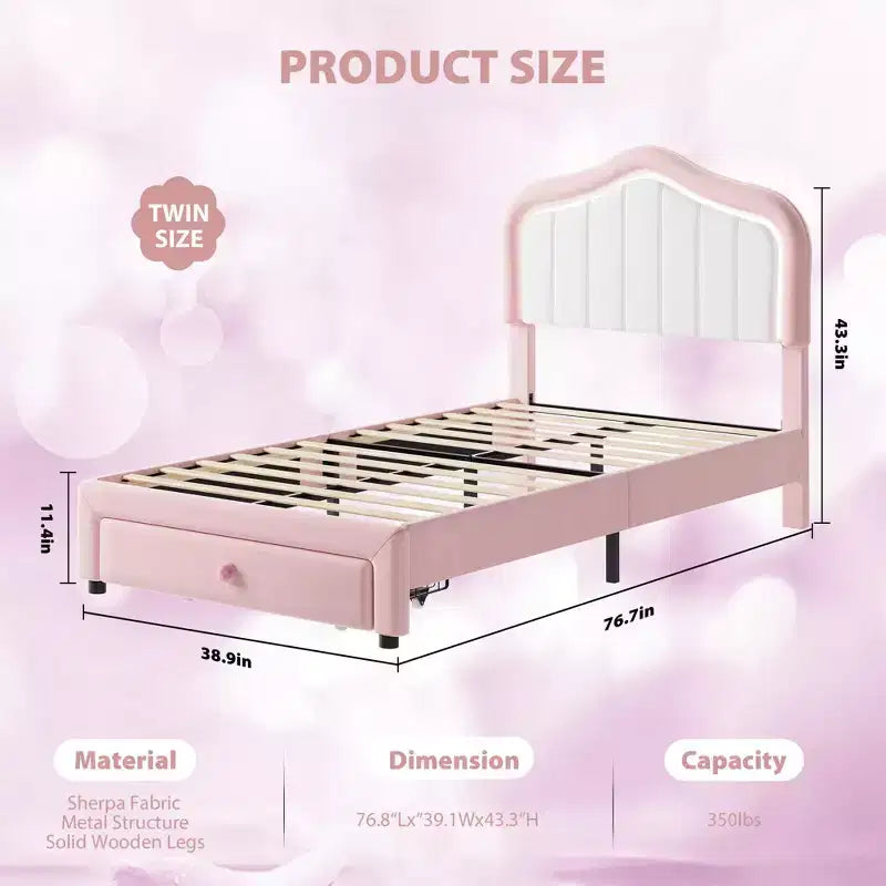 Twin Upholstered Platform Bed with LED Headboard & Storage Drawer, Pink/White, Wood Slats, No Box Spring, Quiet, Easy Assembly, for Kids