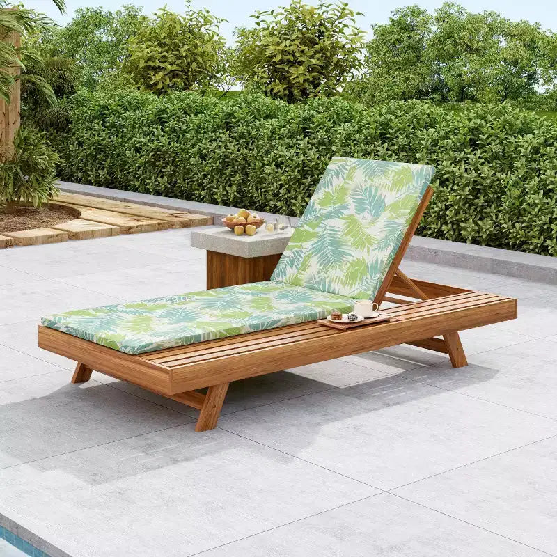 Outdoor Acacia Wood Chaise Lounge with Cushions, Modern Patio Reclining Lounge Chairs with Side Space Design for Backyard, Poolside-Panipeachy