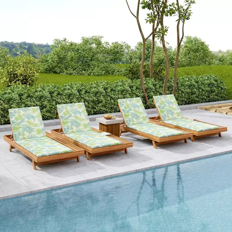 Outdoor Acacia Wood Chaise Lounge with Cushions, Modern Patio Reclining Lounge Chairs with Side Space Design for Backyard, Poolside-Panipeachy