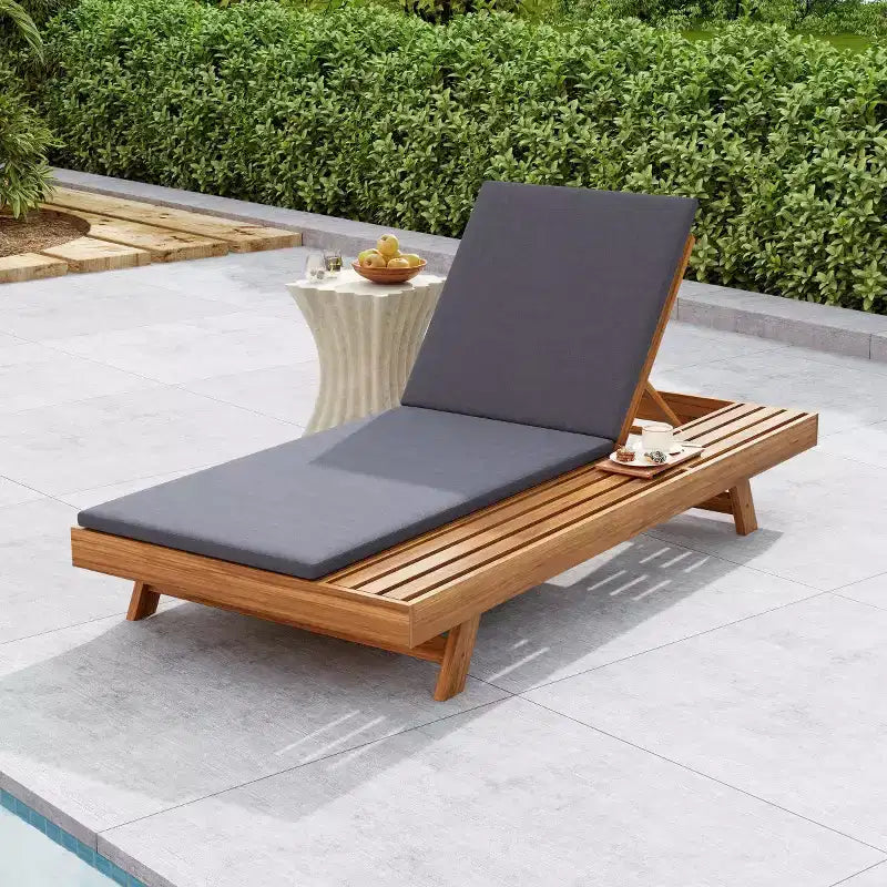 Outdoor Acacia Wood Chaise Lounge with Cushions, Modern Patio Reclining Lounge Chairs with Side Space Design for Backyard, Poolside-Panipeachy