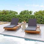Outdoor Acacia Wood Chaise Lounge with Cushions, Modern Patio Reclining Lounge Chairs with Side Space Design for Backyard, Poolside-Panipeachy