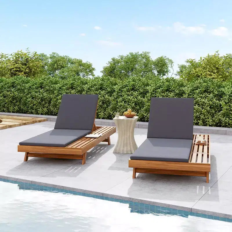 Outdoor Acacia Wood Chaise Lounge with Cushions, Modern Patio Reclining Lounge Chairs with Side Space Design for Backyard, Poolside-Panipeachy