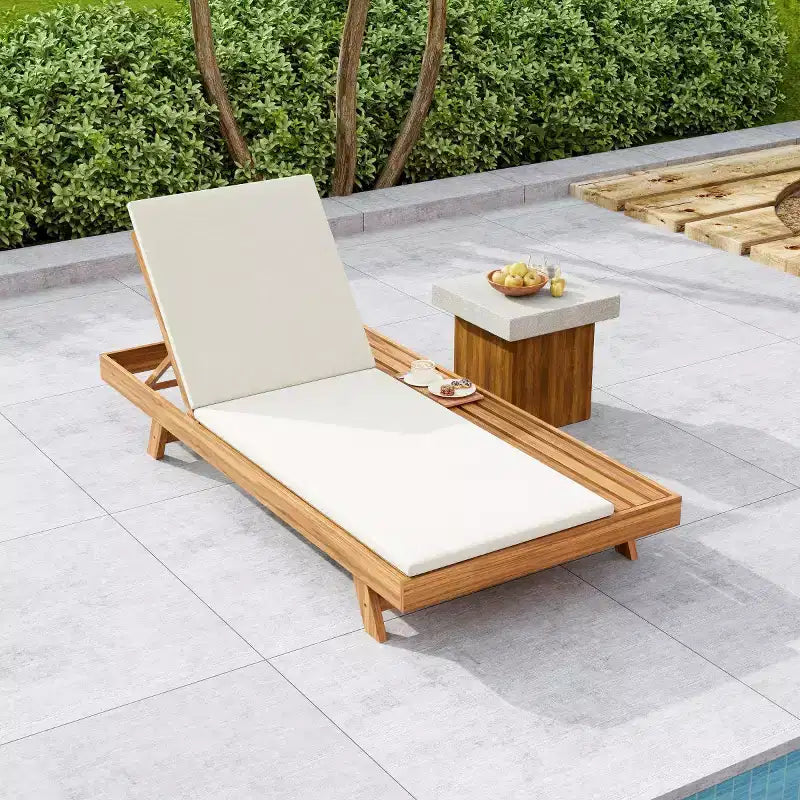 Outdoor Acacia Wood Chaise Lounge with Cushions, Modern Patio Reclining Lounge Chairs with Side Space Design for Backyard, Poolside-Panipeachy