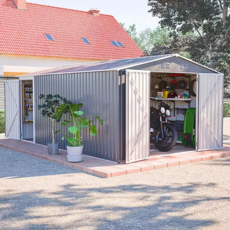 10 x 14 FT Outdoor Metal Storage Shed, Large Garden Shed Tool Shed with 3 Lockable Doors & Side Door, 4 Air Vents