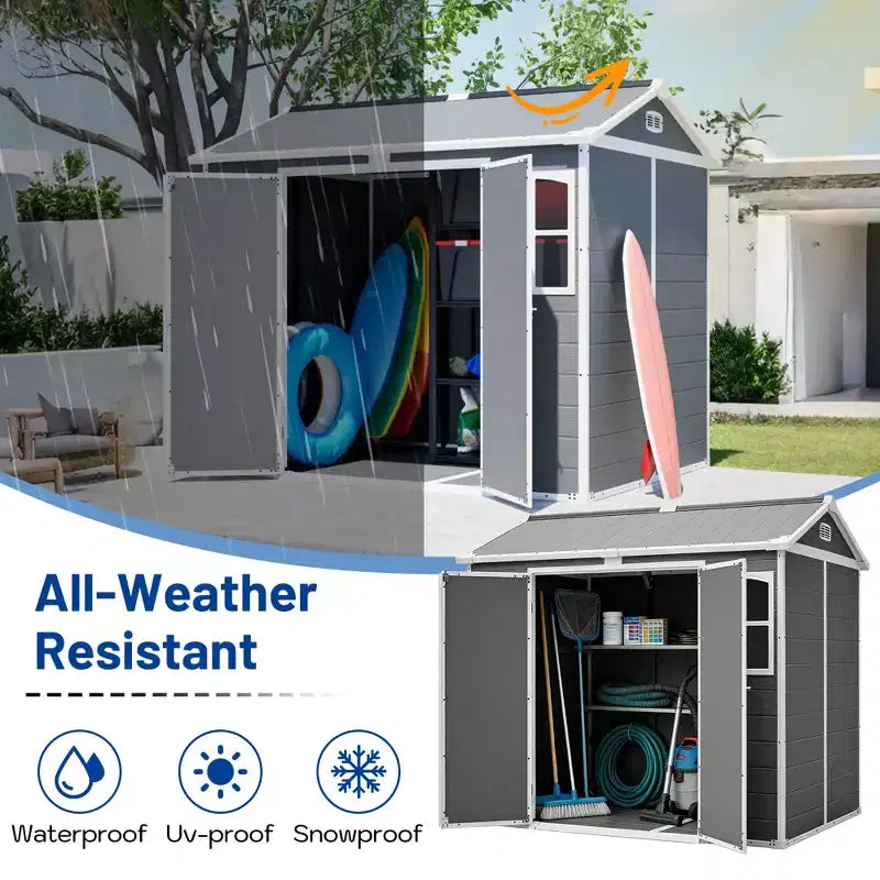 8 x 6 FT Plastic Utility Shed, Lockable Storage Shed for Garden Tools & Trash Bins, All-Weather Outdoor Organizer
