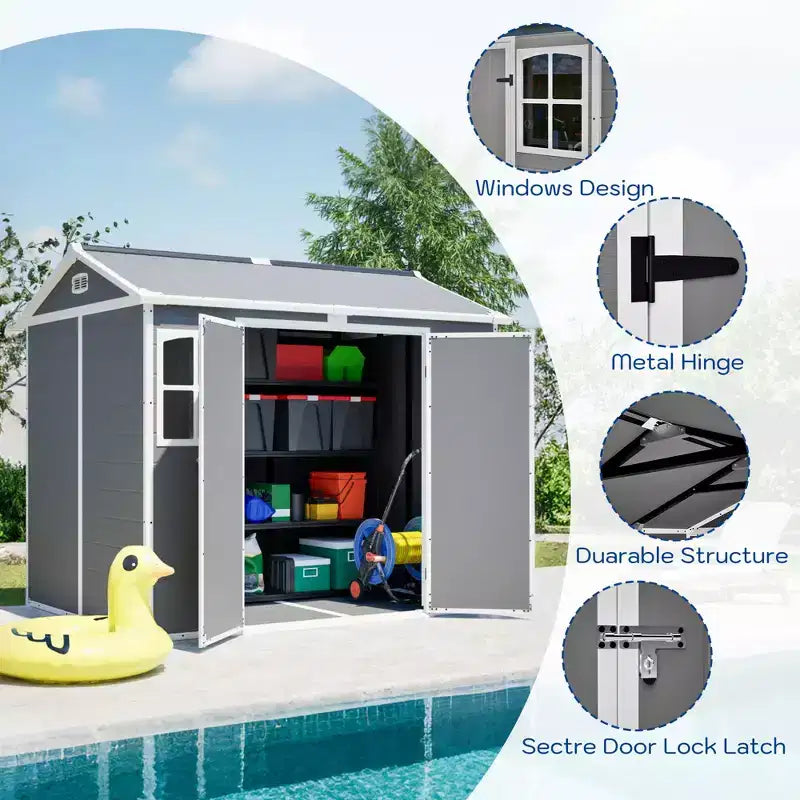 8 x 6 FT Plastic Utility Shed, Lockable Storage Shed for Garden Tools & Trash Bins, All-Weather Outdoor Organizer