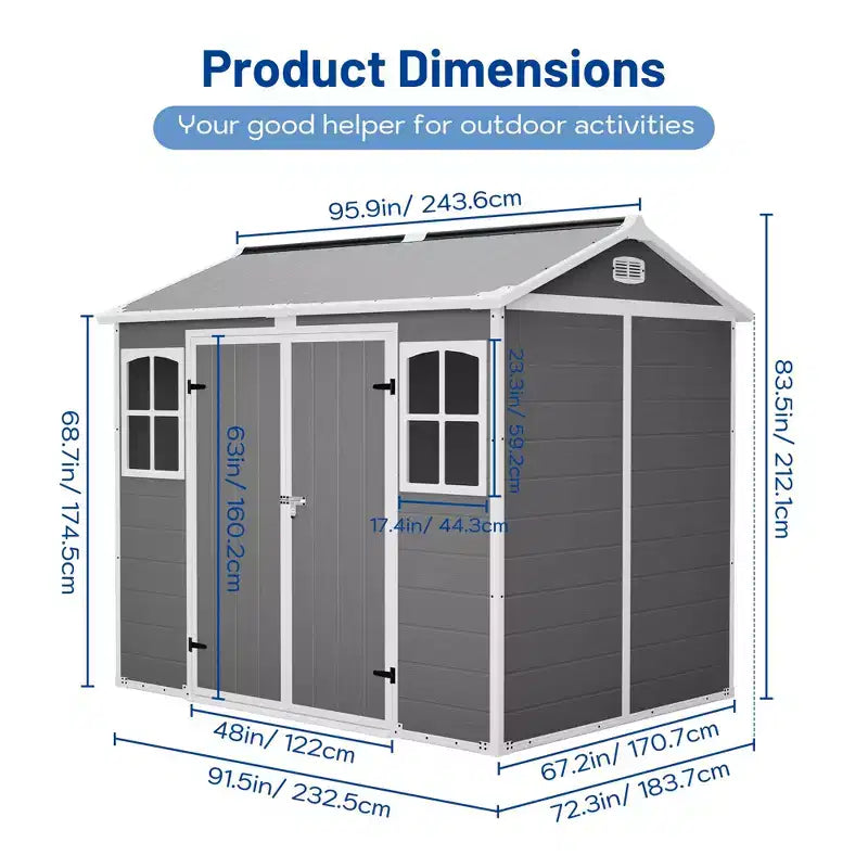 8 x 6 FT Plastic Utility Shed, Lockable Storage Shed for Garden Tools & Trash Bins, All-Weather Outdoor Organizer