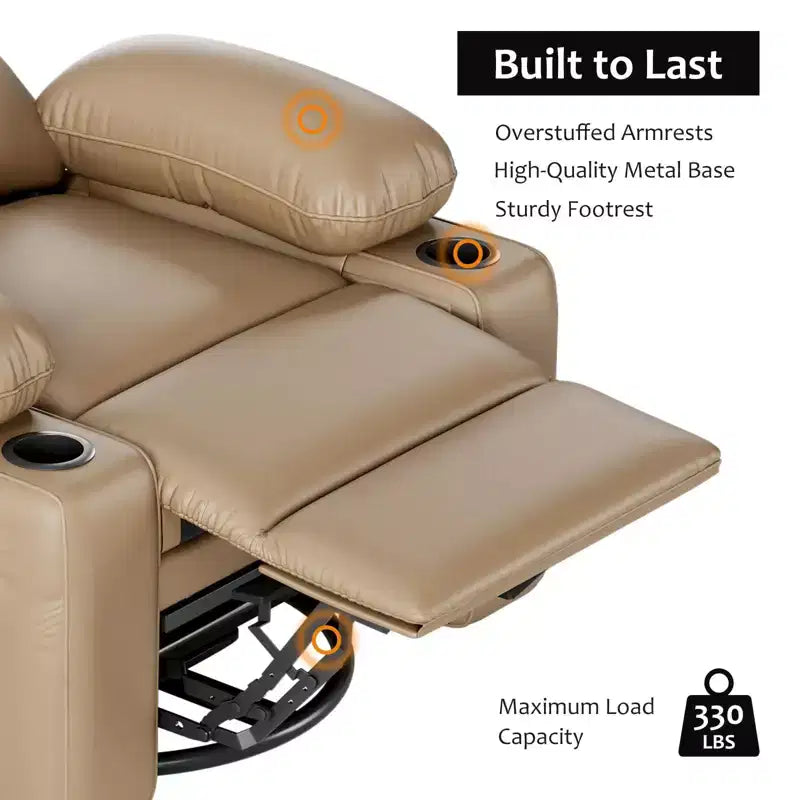 22in Rocker Swivel Recliner Chair, PU Leather Lazy Recliner W/ 1.5X Sponge, Cup Holder & Side Pockets, 360 Swivel for Living Room, Bedroom, Nursery