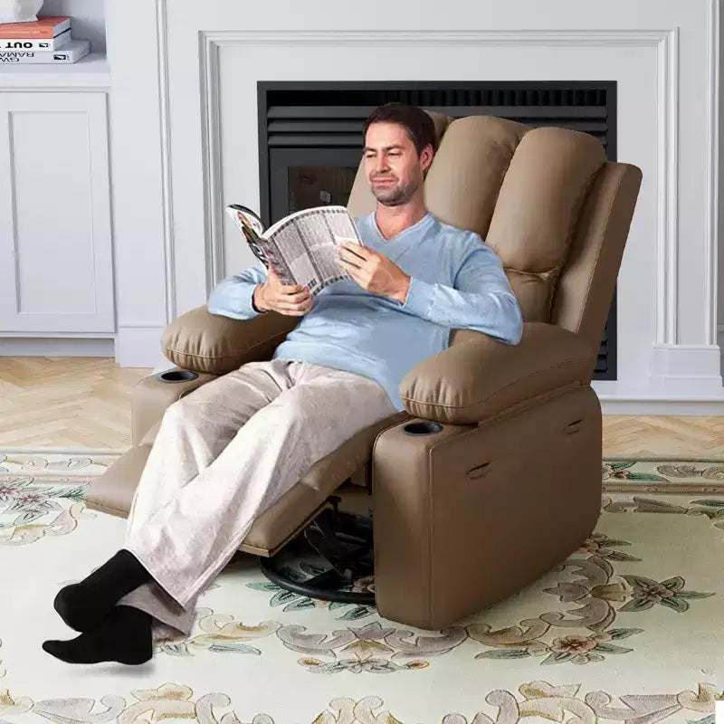 22in Rocker Swivel Recliner Chair, PU Leather Lazy Recliner W/ 1.5X Sponge, Cup Holder & Side Pockets, 360 Swivel for Living Room, Bedroom, Nursery
