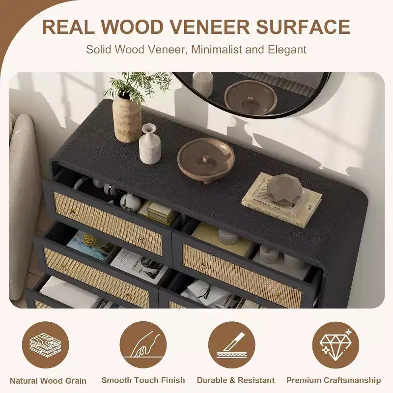 Acekool 6 Drawer Rattan Dresser Modern Chest of Drawers for Bedroom, Living Room & Hallway