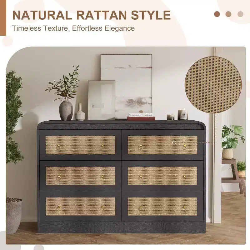 Acekool 6 Drawer Rattan Dresser Modern Chest of Drawers for Bedroom, Living Room & Hallway