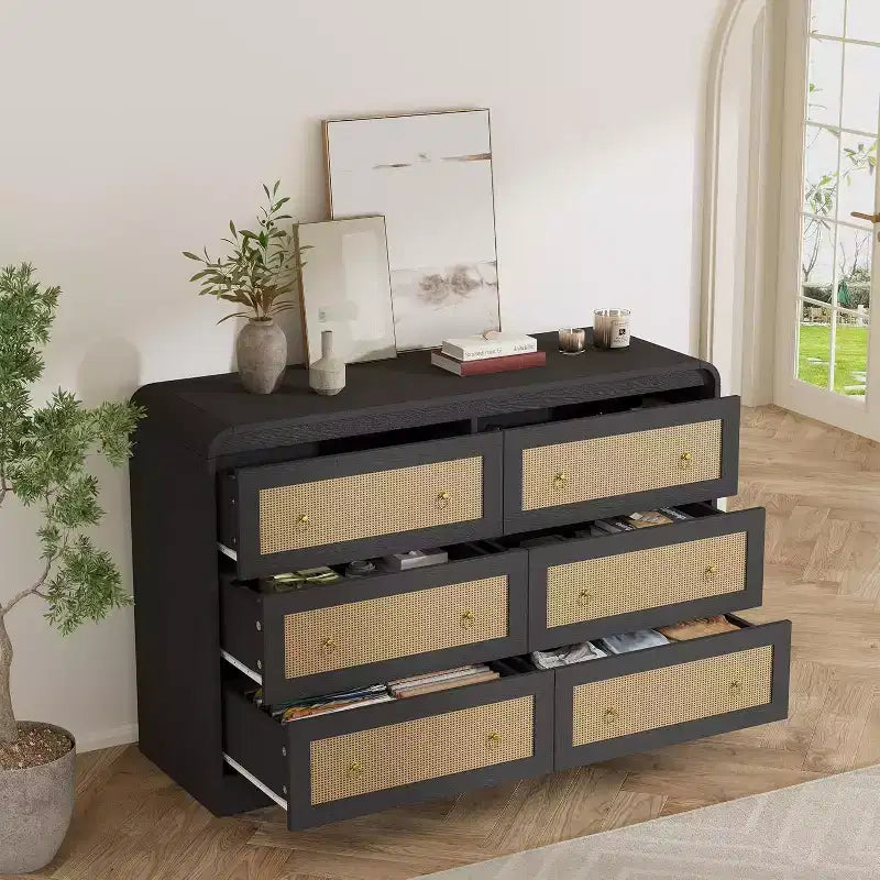 Acekool 6 Drawer Rattan Dresser Modern Chest of Drawers for Bedroom, Living Room & Hallway