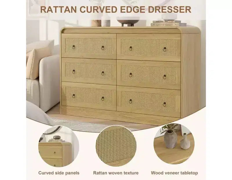 Acekool 6 Drawer Rattan Dresser Modern Chest of Drawers for Bedroom, Living Room & Hallway