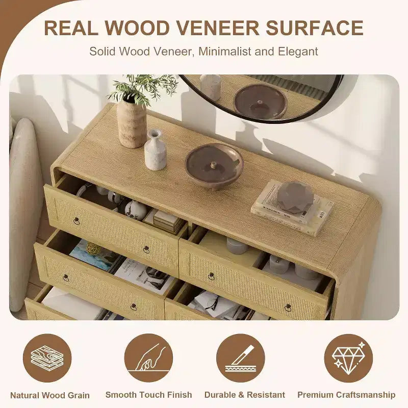 Acekool 6 Drawer Rattan Dresser Modern Chest of Drawers for Bedroom, Living Room & Hallway