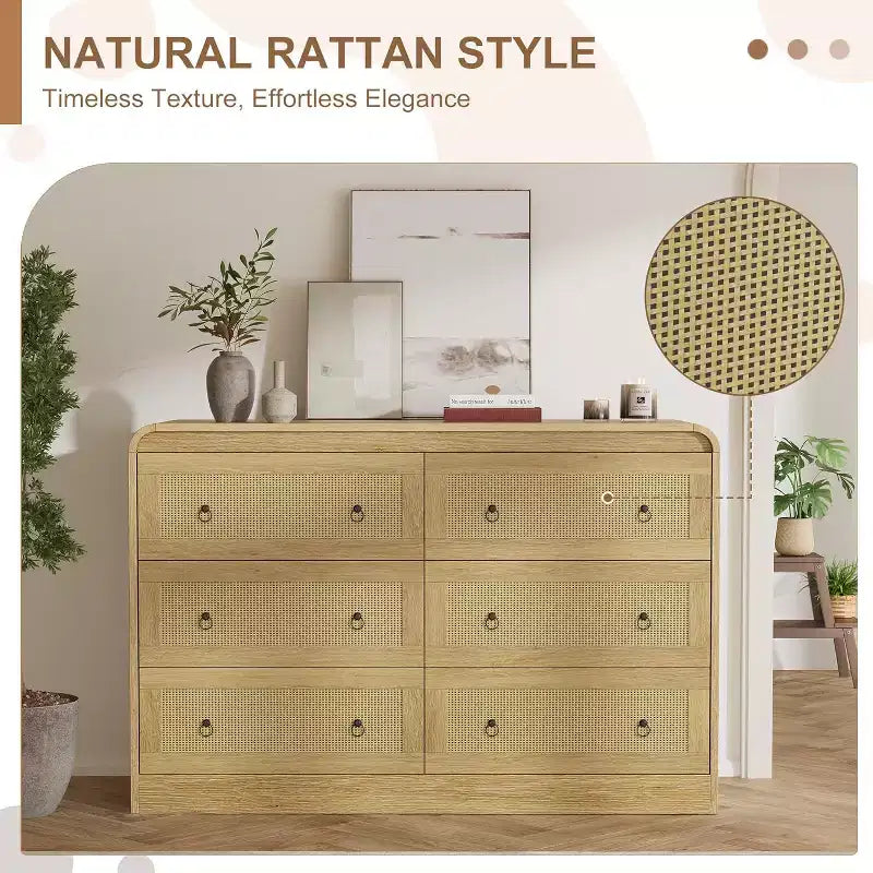 Acekool 6 Drawer Rattan Dresser Modern Chest of Drawers for Bedroom, Living Room & Hallway