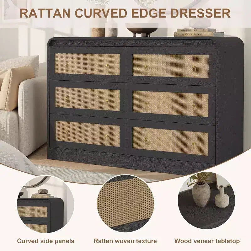 Acekool 6 Drawer Rattan Dresser Modern Chest of Drawers for Bedroom, Living Room & Hallway