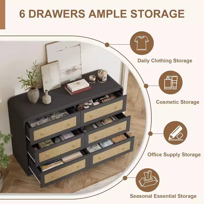 Acekool 6 Drawer Rattan Dresser Modern Chest of Drawers for Bedroom, Living Room & Hallway