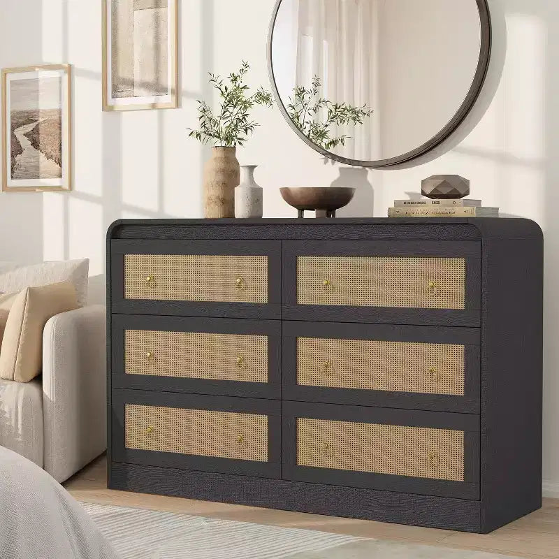 Acekool 6 Drawer Rattan Dresser Modern Chest of Drawers for Bedroom, Living Room & Hallway
