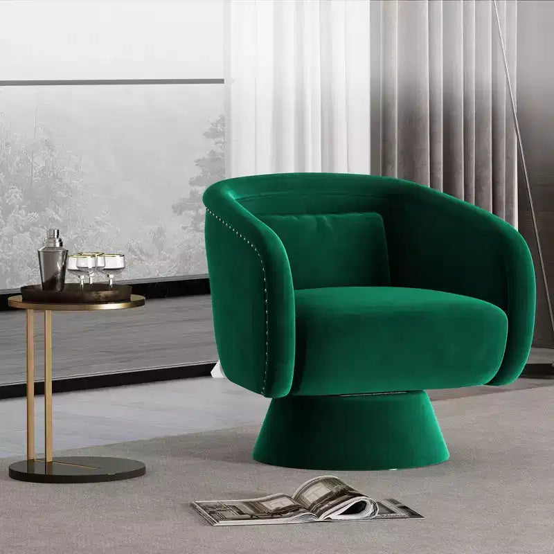 Mid Century Swivel Accent Chair 360 Green Upholstered Barrel Chair with Lumbar Pillow