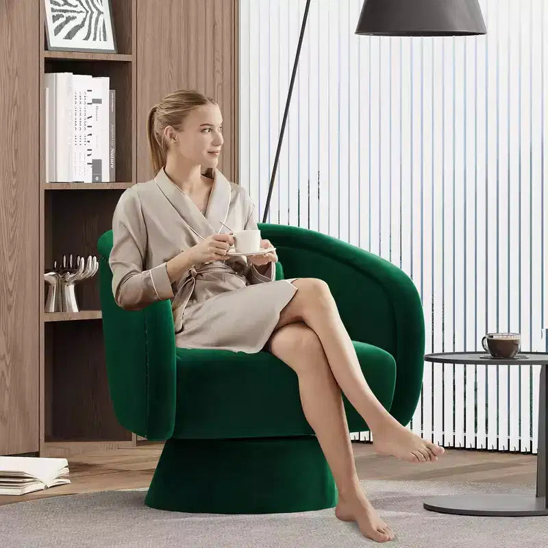 Mid Century Swivel Accent Chair 360 Green Upholstered Barrel Chair with Lumbar Pillow